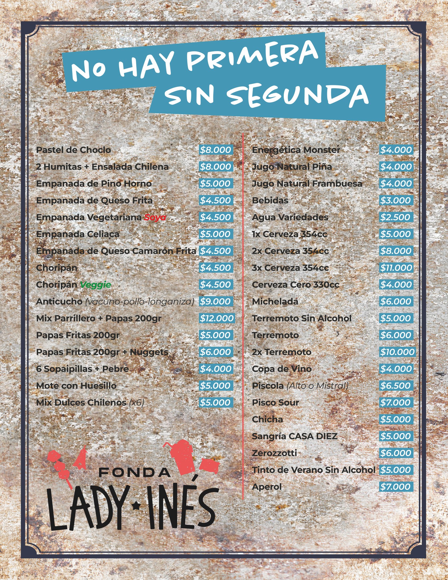 Carta de Fonda Lady Inés con precios de comida y bebidas